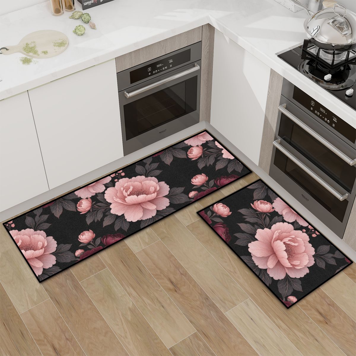 Kitchen Area Rug Set for Floor NonSlip Washable 01peoniegardenaop