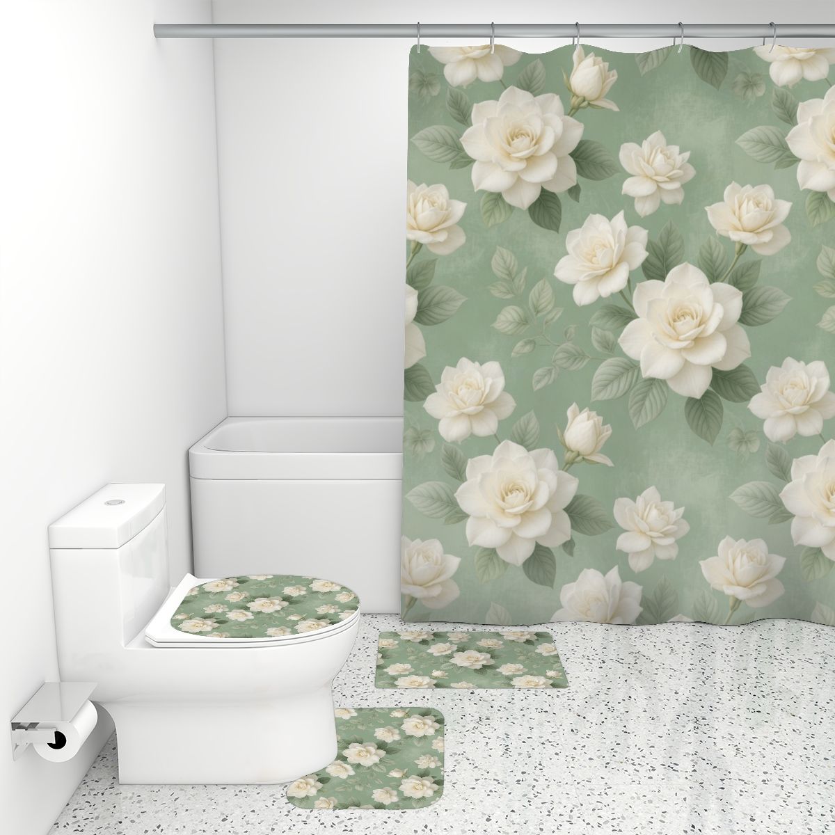 Bathroom Rugs Set with Shower Curtain 4 pcs 18gardeniesageaop