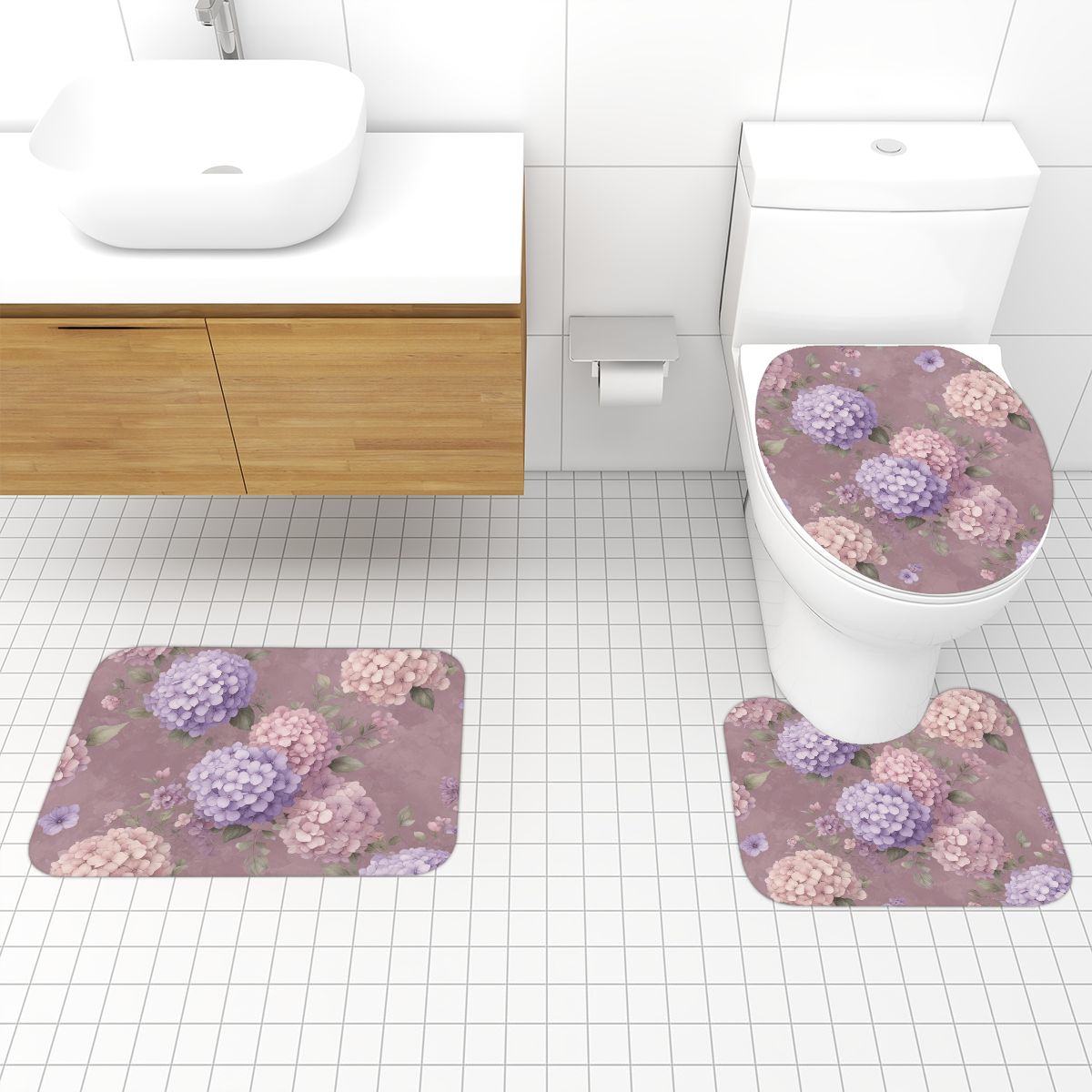 Bathroom Rugs Set 3 pcs 08hortensjelawendaaop