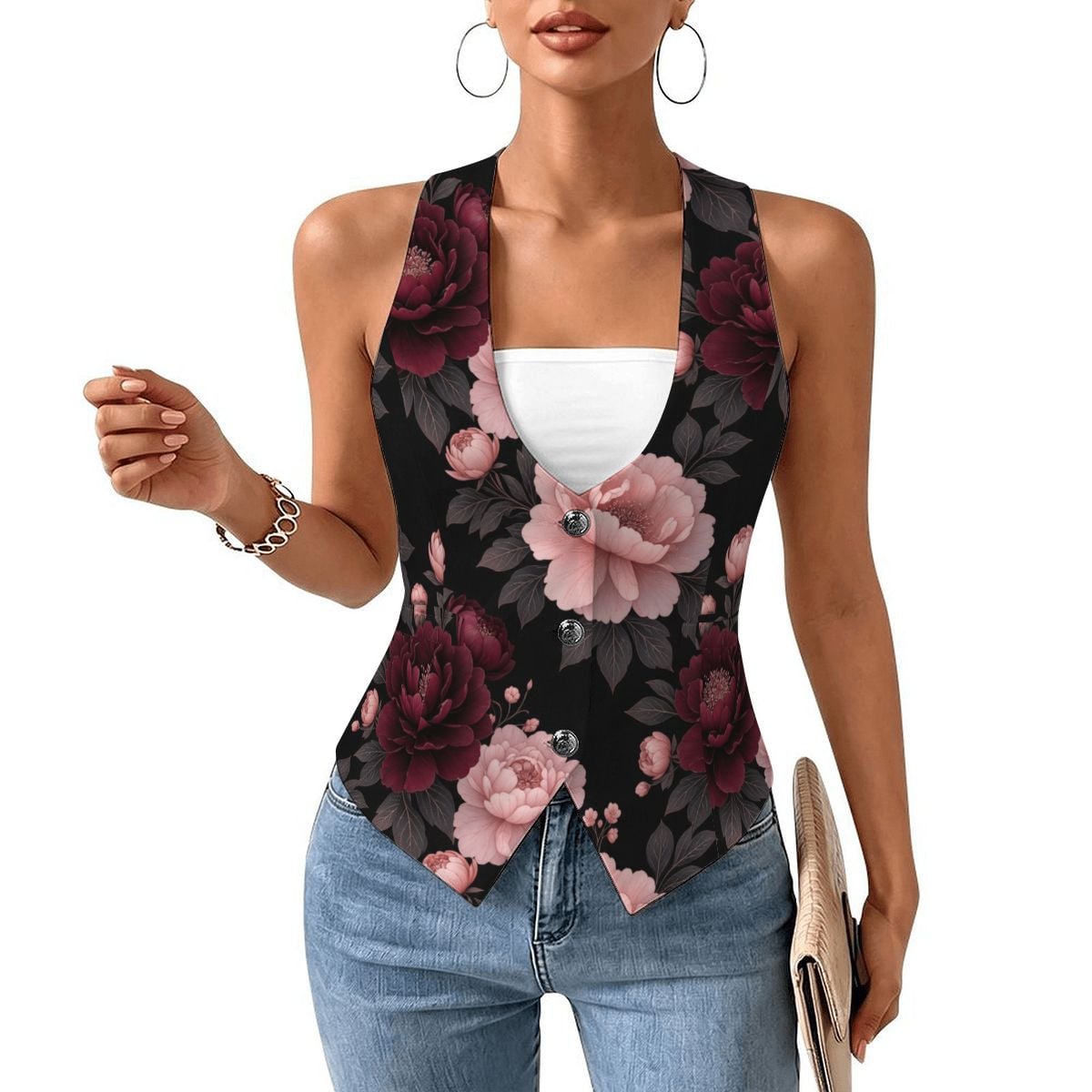Women's Slim Fit Suit Vest 01peoniegardenaop