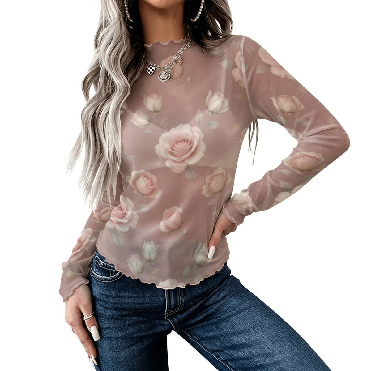 High Neck Mesh Long Sleeve Tops for Women 02rozeblushaop