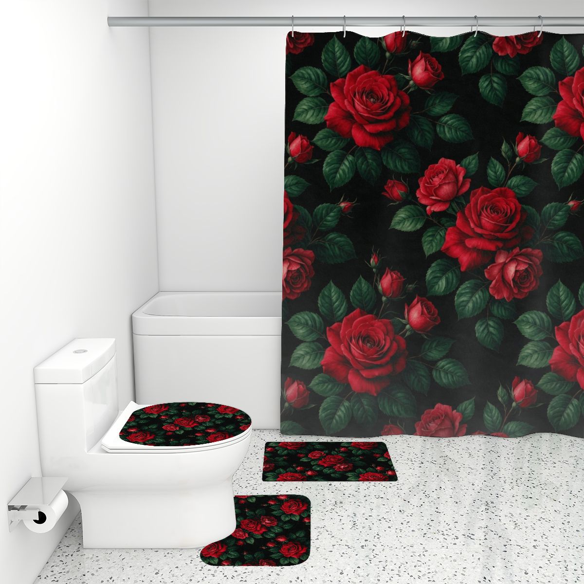 Bathroom Rugs Set with Shower Curtain 4 pcs 37rozeczerwonev2aop