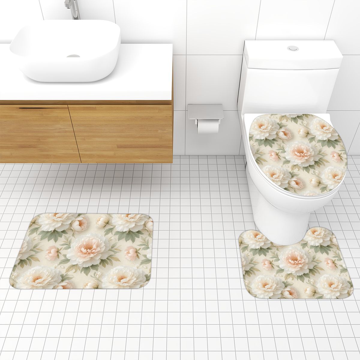 Bathroom Rugs Set 3 pcs 11peoniebialaaop