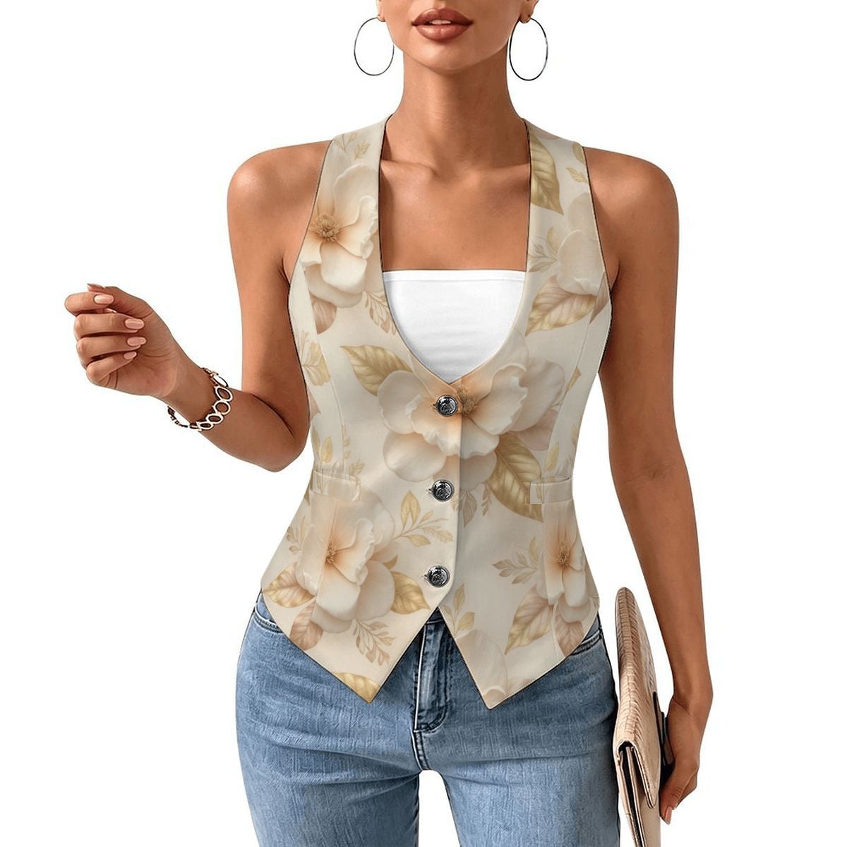 Women's Slim Fit Suit Vest 04magnoliechampagneaop