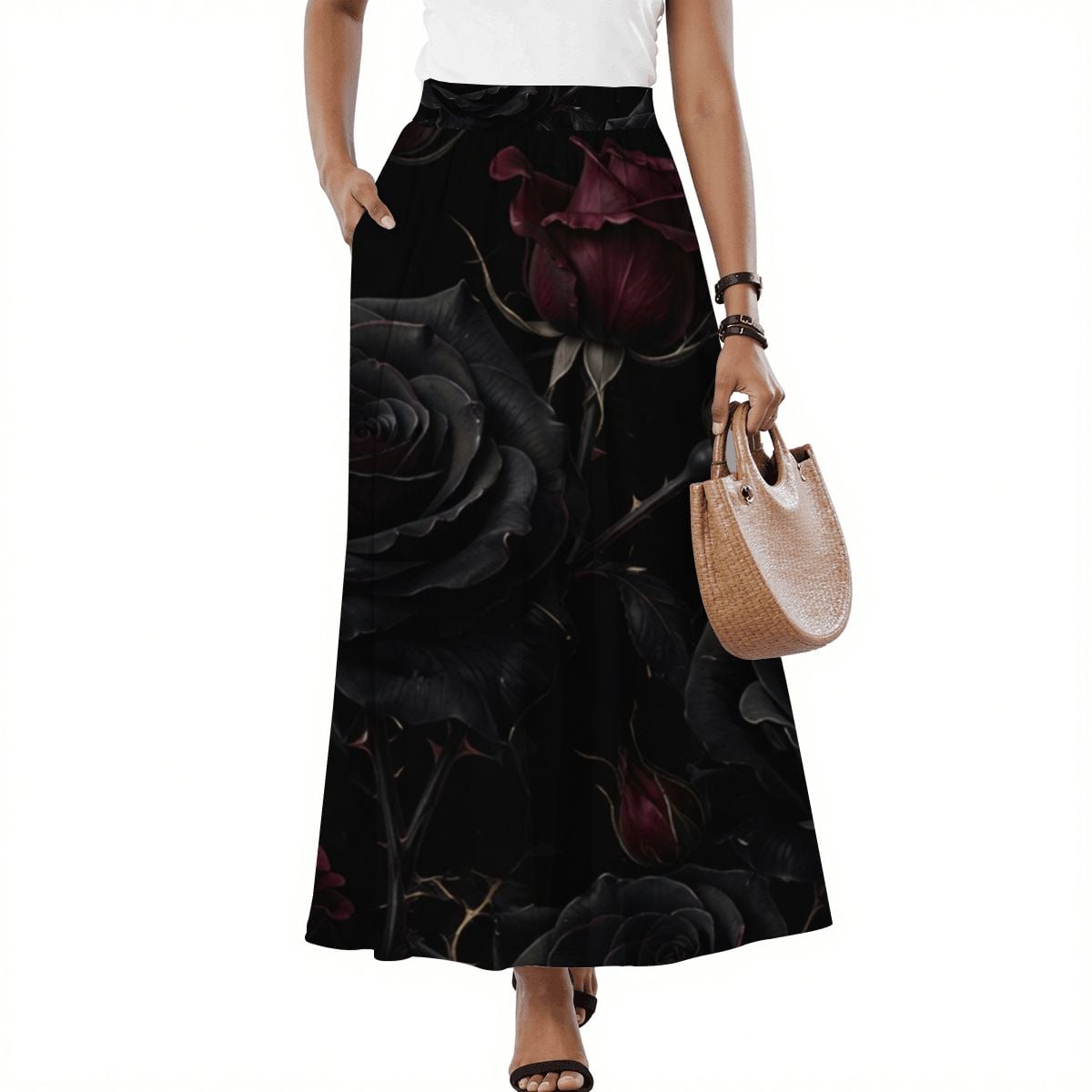Midi Skirt with Pockets 09noirroseaopbezfald