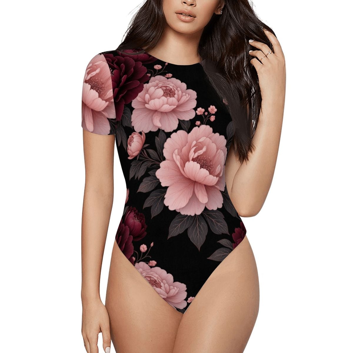Women Short Sleeve Bodysuit 01peoniegardenaop