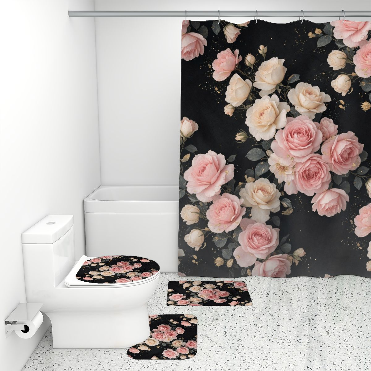 Bathroom Rugs Set with Shower Curtain 4 pcs 27rozekaskadaaop