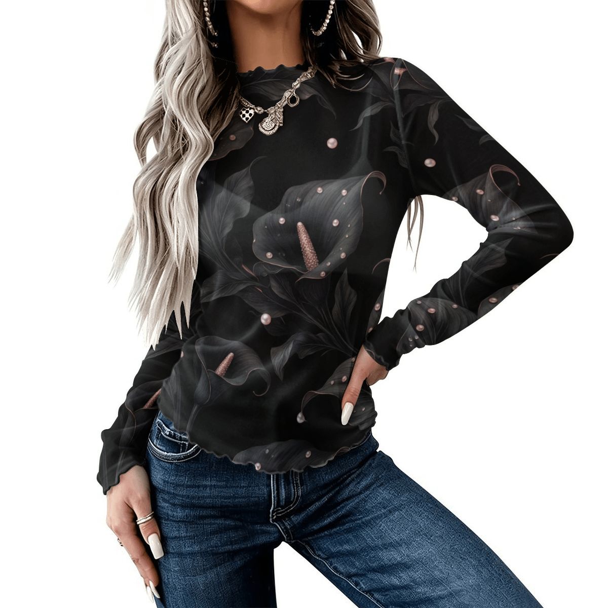 High Neck Mesh Long Sleeve Tops for Women