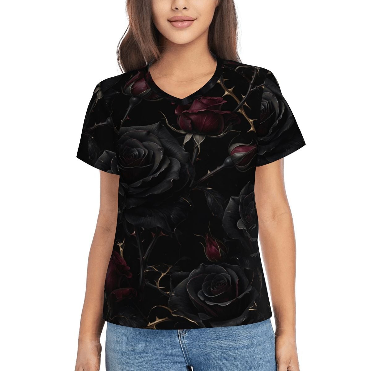 Women's VNeck ShortSleeve TShirt 09noirroseaopbezfald