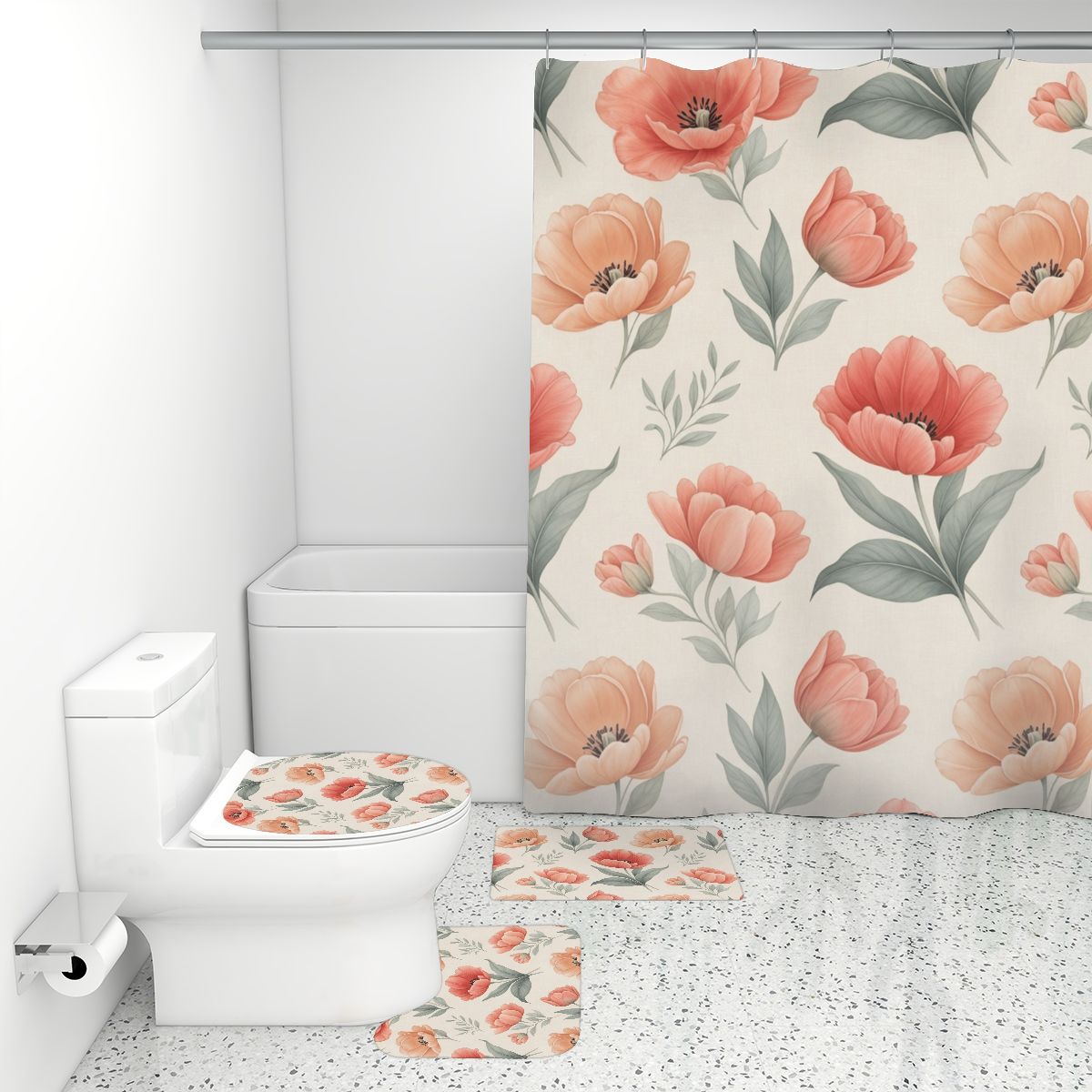 Bathroom Rugs Set with Shower Curtain 4 pcs 14tulipanypeachaop