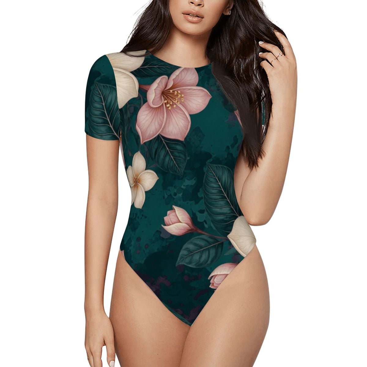 Women Short Sleeve Bodysuit 10plumeriatropikaop