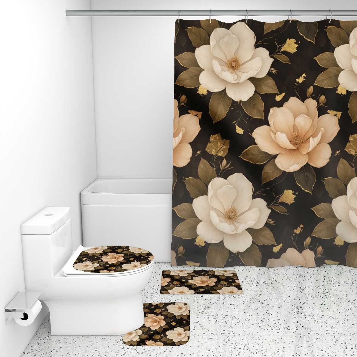 Bathroom Rugs Set with Shower Curtain 4 pcs 29magnolieluxeaop