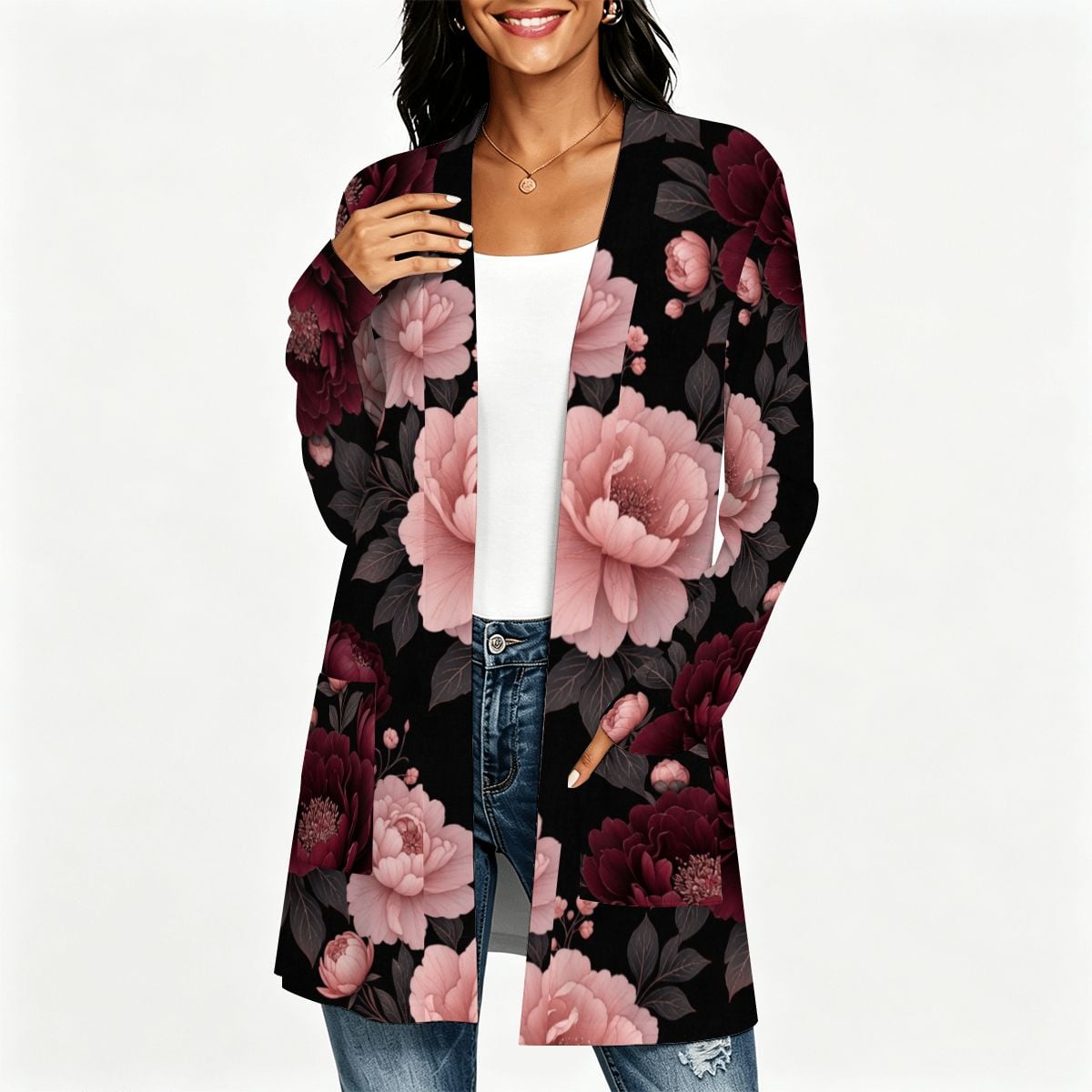 Women's Lightweight Open Front Cardigan 01peoniegardenaop