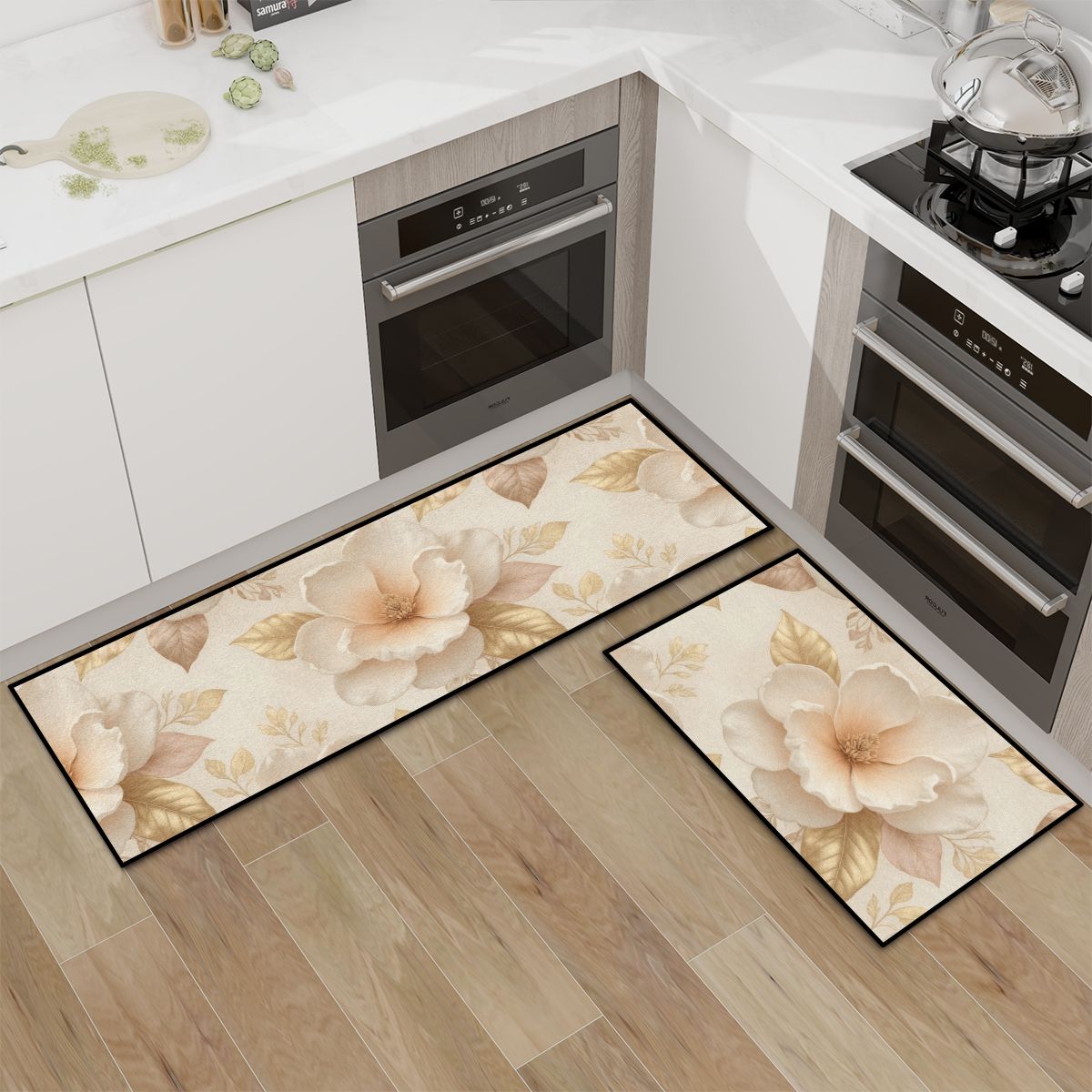 Kitchen Area Rug Set for Floor NonSlip Washable 04magnoliechampagneaop