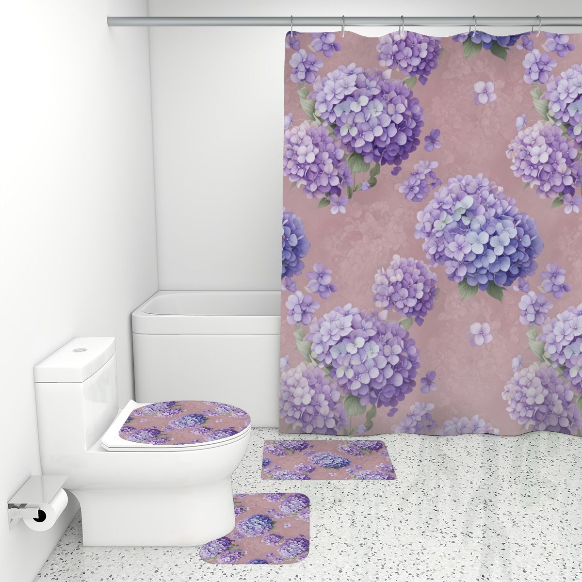 Bathroom Rugs Set with Shower Curtain 4 pcs 33hortensjedenseaop