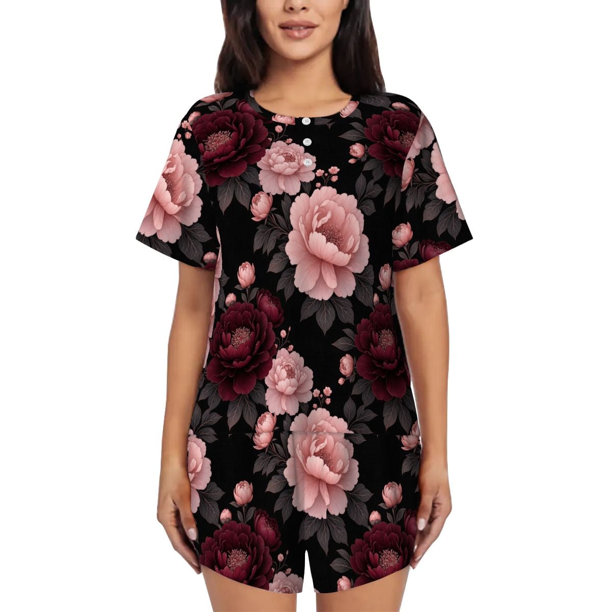 Pajama Sets for Women Crew Neck Short Sleeve 01peoniegardenaop