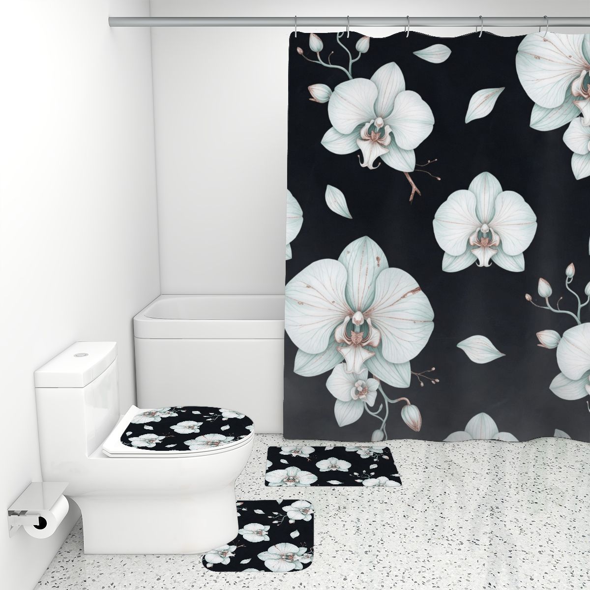 Bathroom Rugs Set with Shower Curtain 4 pcs 03orchideenocaop