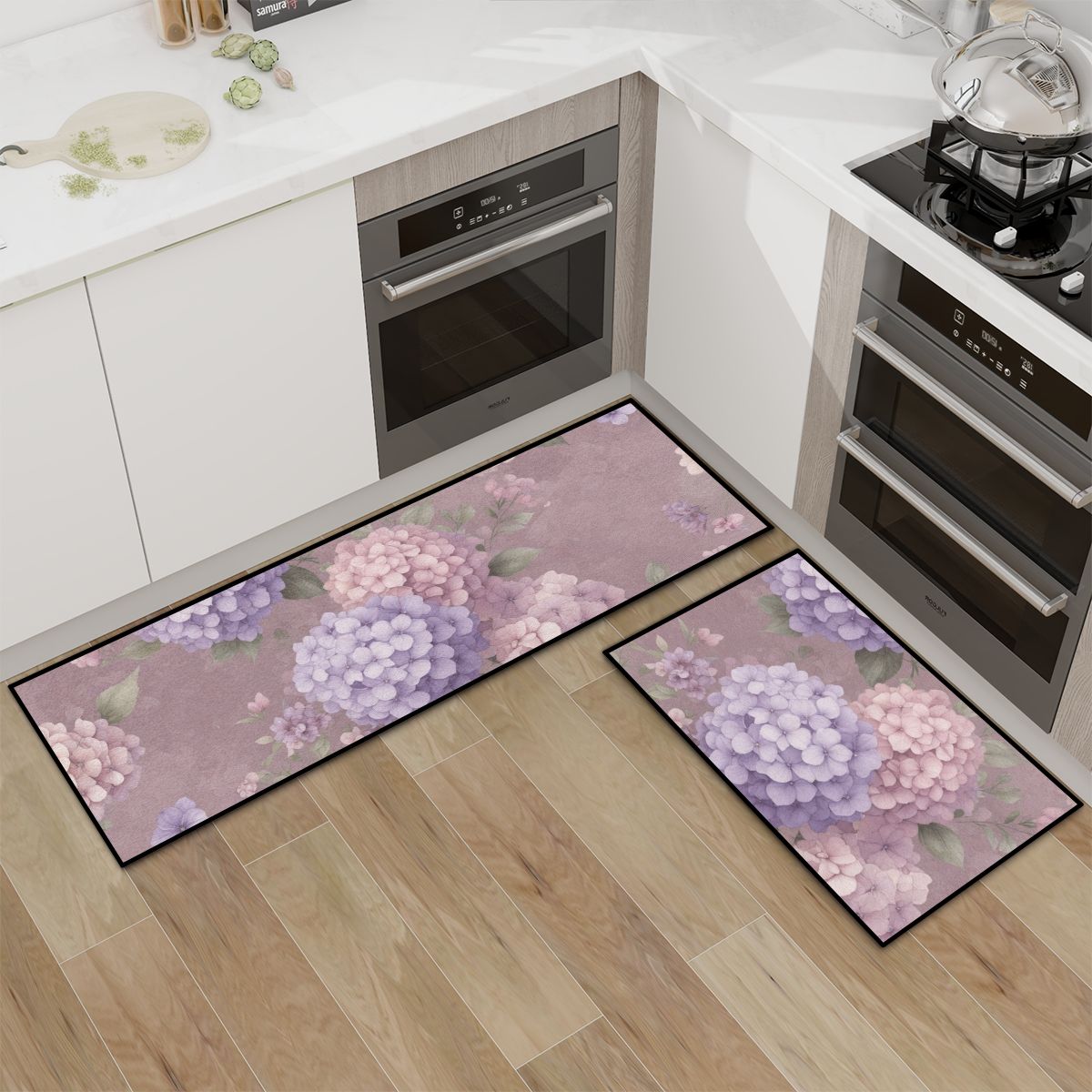 Kitchen Area Rug Set for Floor NonSlip Washable 08hortensjelawendaaop