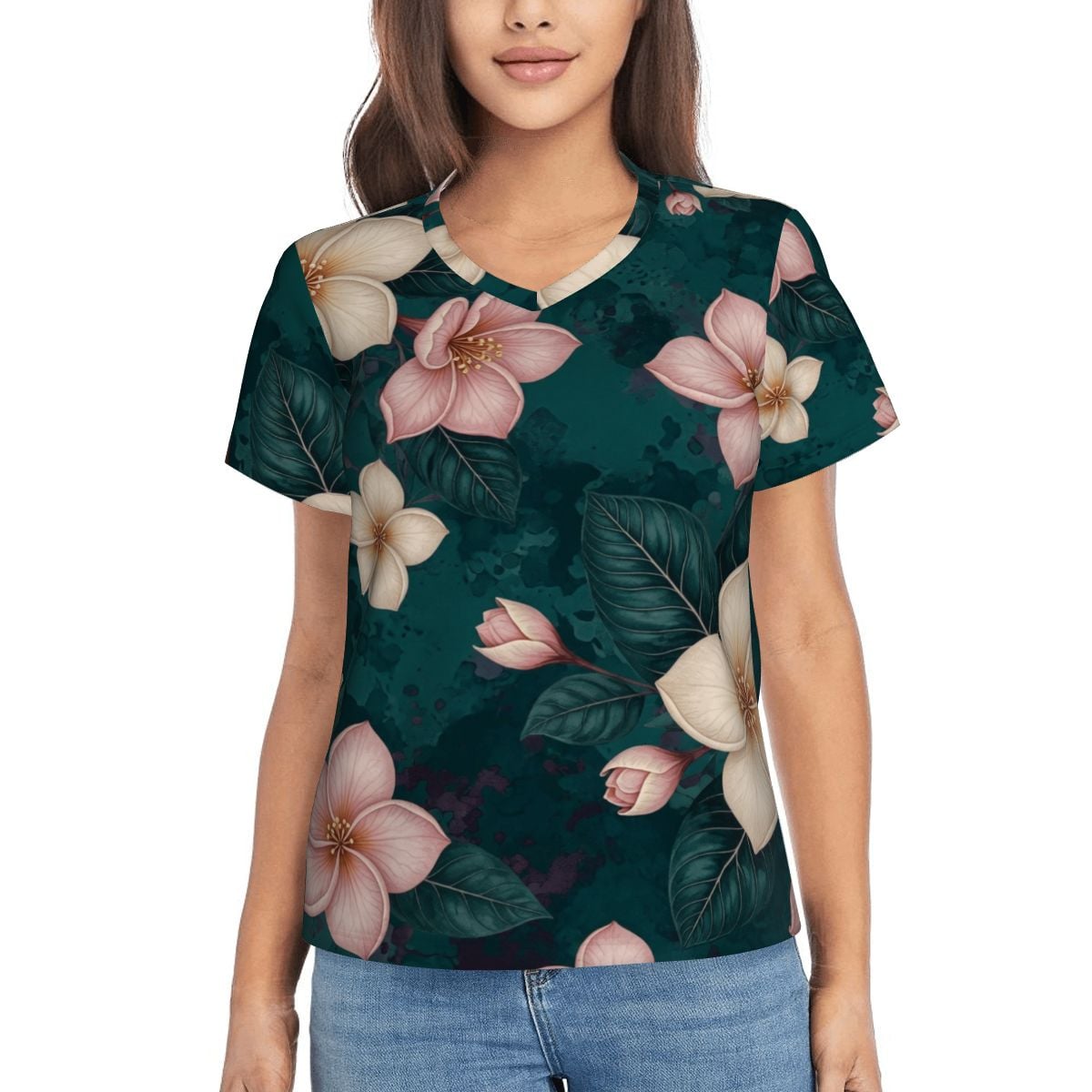 Women's VNeck ShortSleeve TShirt 10plumeriatropikaop
