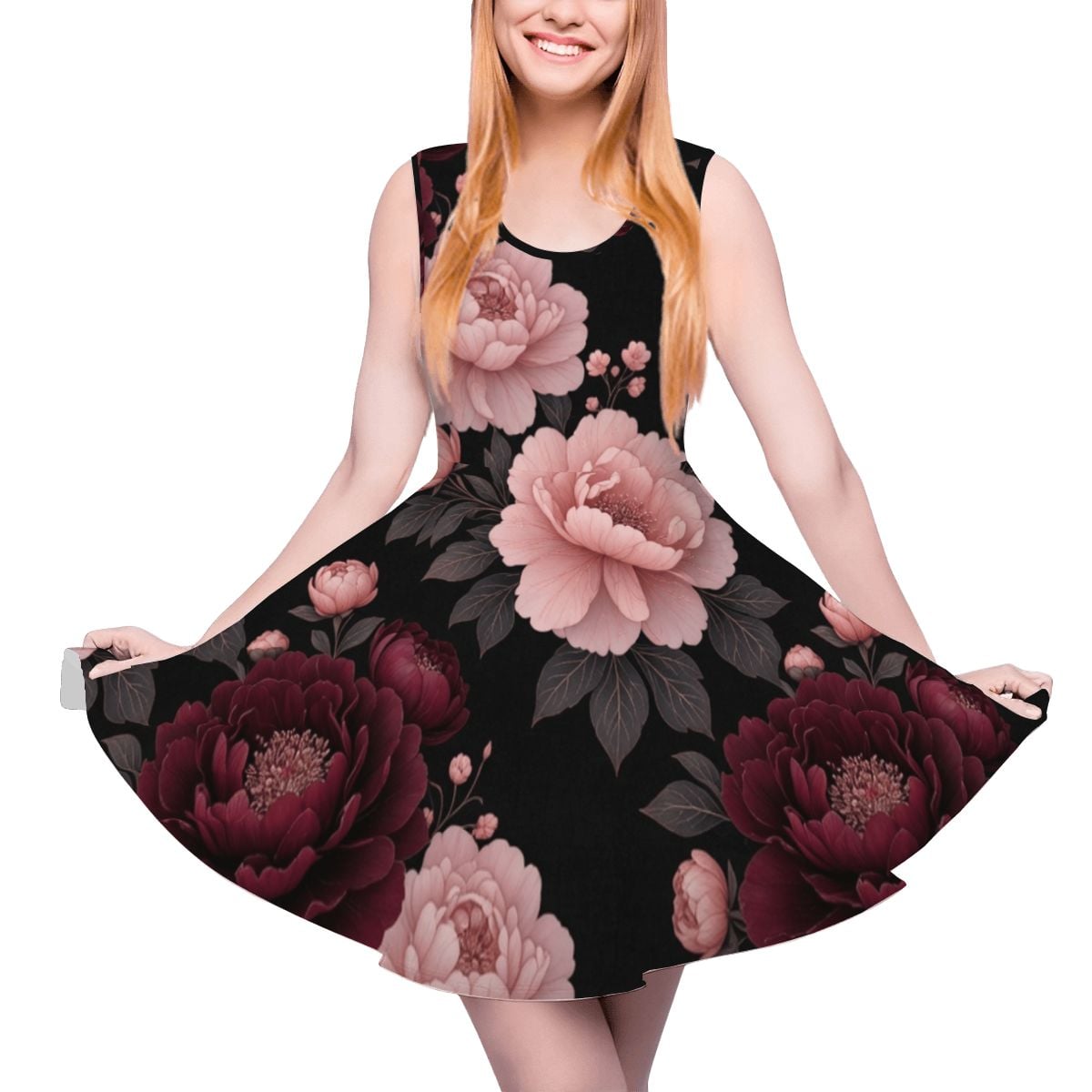 Women's Sleeveless Wide Dress/Hem Skater Skirt 01peoniegardenaop