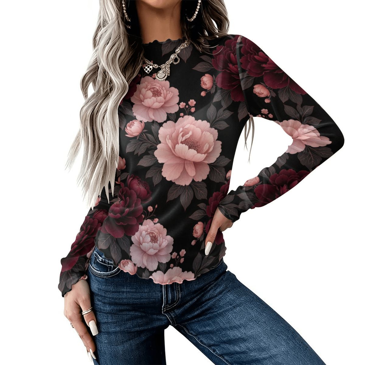 High Neck Mesh Long Sleeve Tops for Women