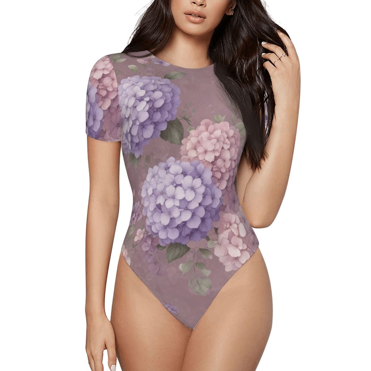 Women Short Sleeve Bodysuit 08hortensjelawendaaop