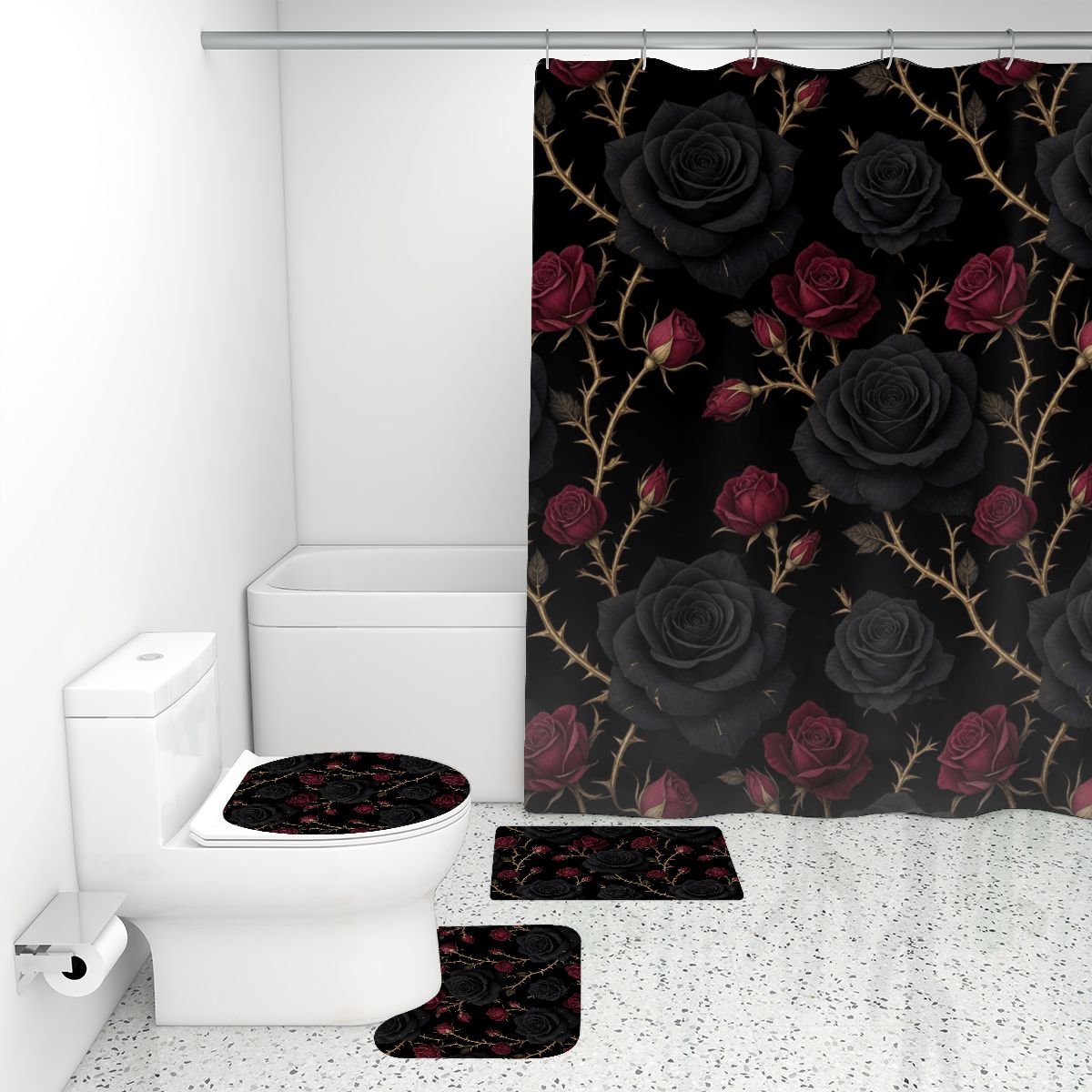 Bathroom Rugs Set with Shower Curtain 4 pcs 34noirrosev2aop
