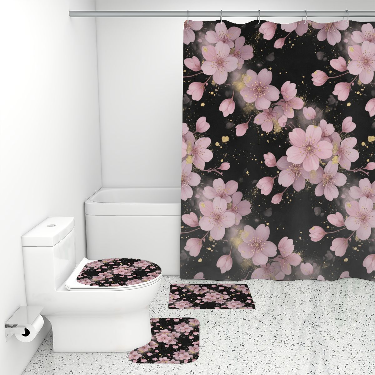 Bathroom Rugs Set with Shower Curtain 4 pcs 32sakuragestaaop