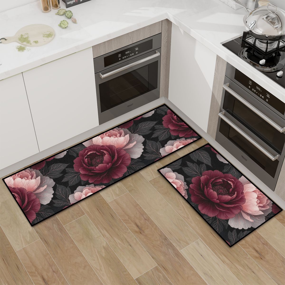 Kitchen Area Rug Set for Floor NonSlip Washable 26peoniegardenv2aop