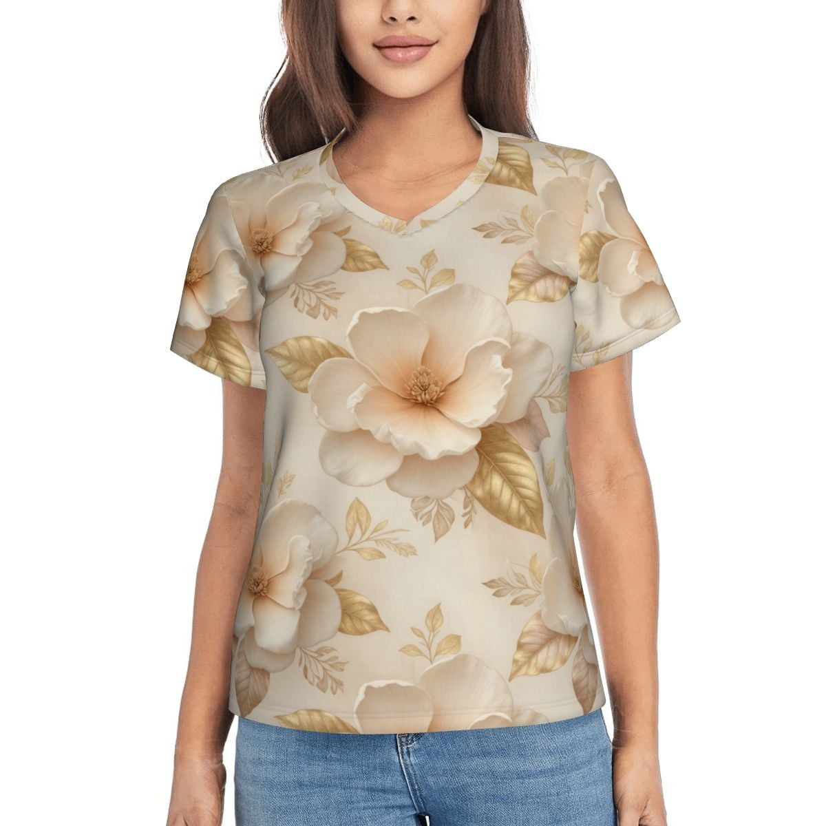 Women's VNeck ShortSleeve TShirt 04magnoliechampagneaop