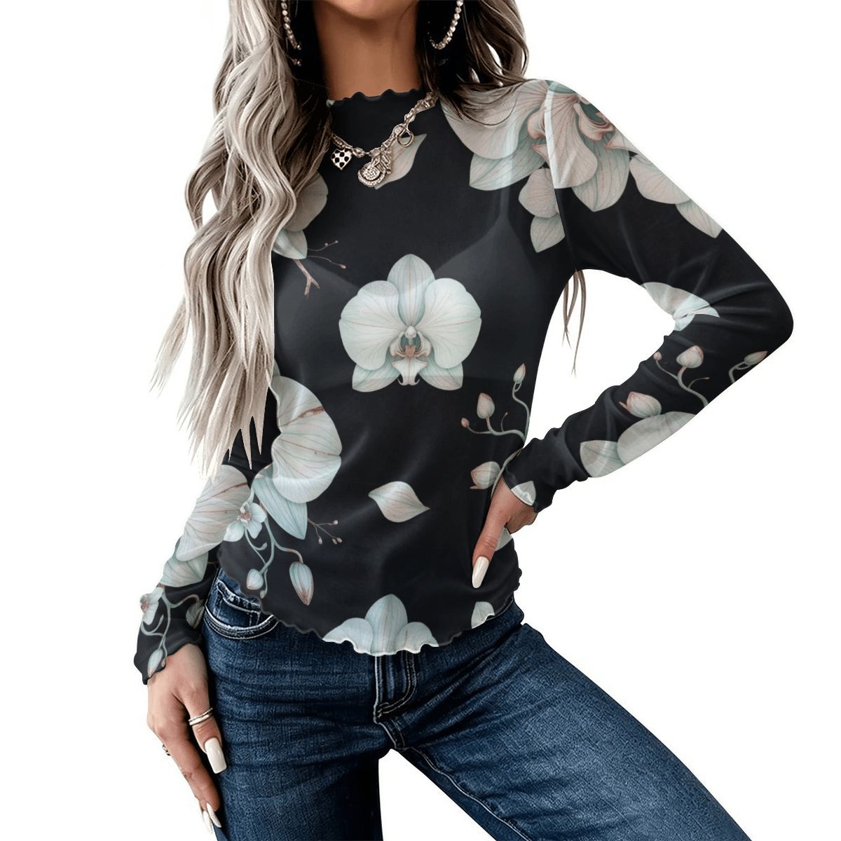 High Neck Mesh Long Sleeve Tops for Women