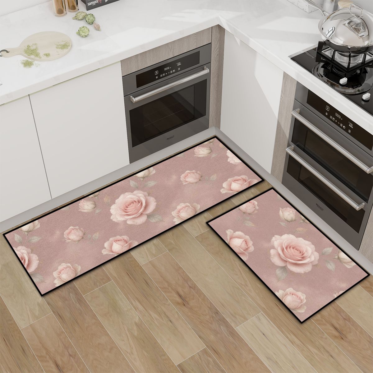 Kitchen Area Rug Set for Floor NonSlip Washable 02rozeblushaop