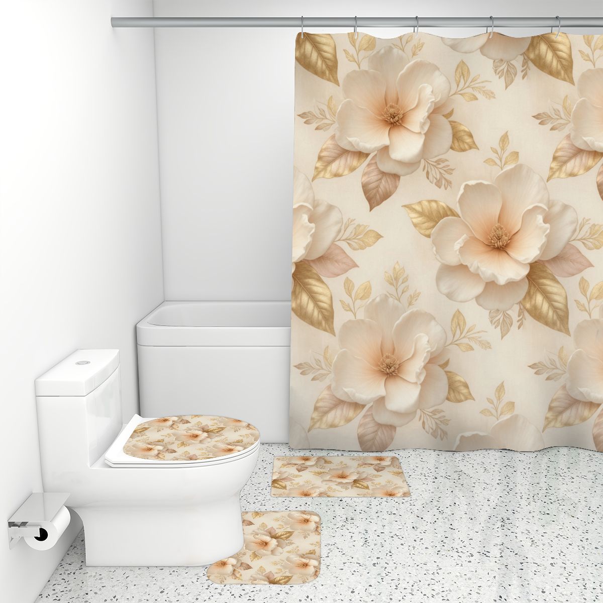 Bathroom Rugs Set with Shower Curtain 4 pcs 04magnoliechampagneaop