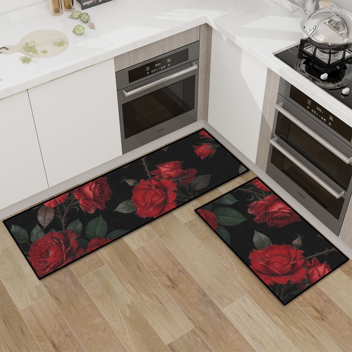 Kitchen Area Rug Set for Floor NonSlip Washable 12rozeczerwoneaop