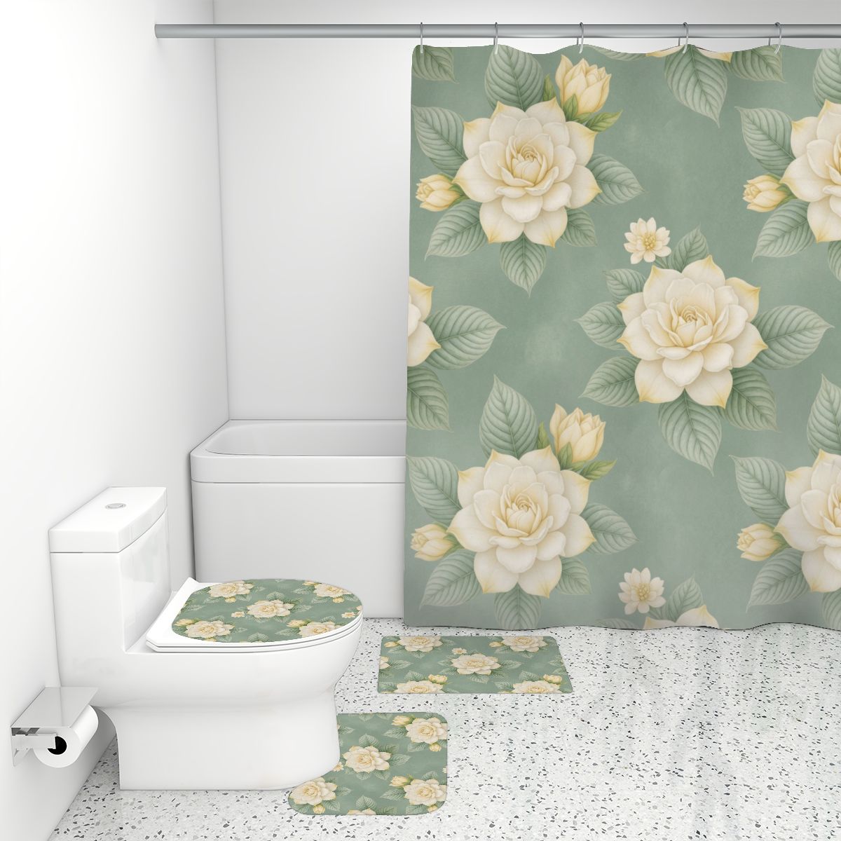 Bathroom Rugs Set with Shower Curtain 4 pcs 43gardeniev2aop