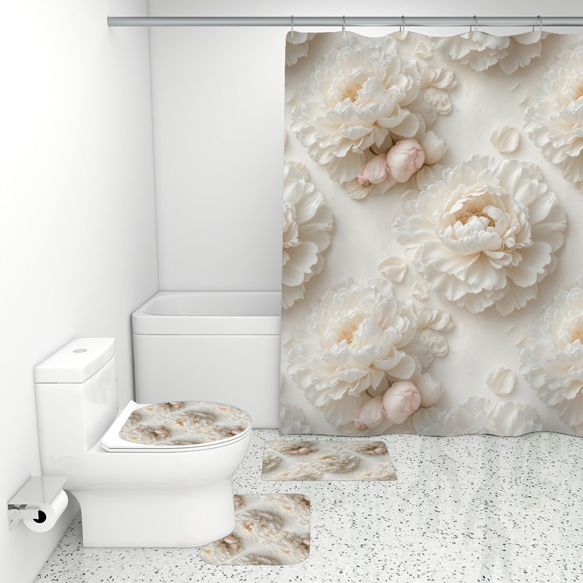 Bathroom Rugs Set with Shower Curtain 4 pcs 36peoniebialav2aop