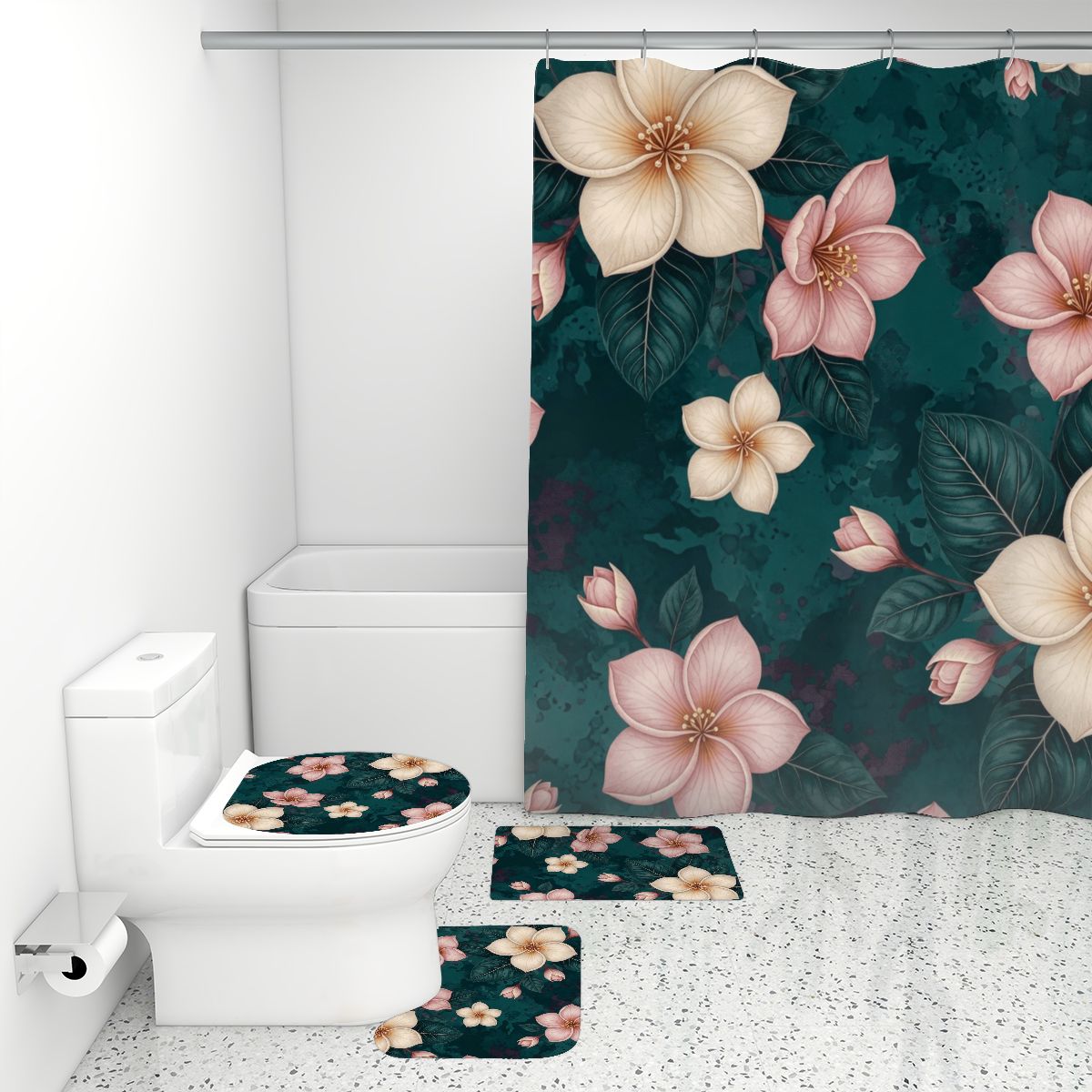 Bathroom Rugs Set with Shower Curtain 4 pcs 10plumeriatropikaop