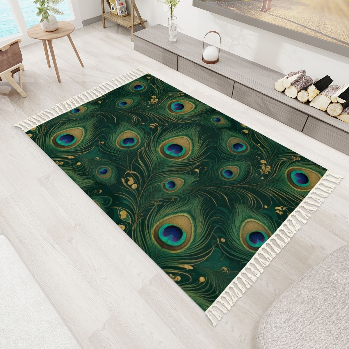 Paw Teal Gold — Rug with tassels