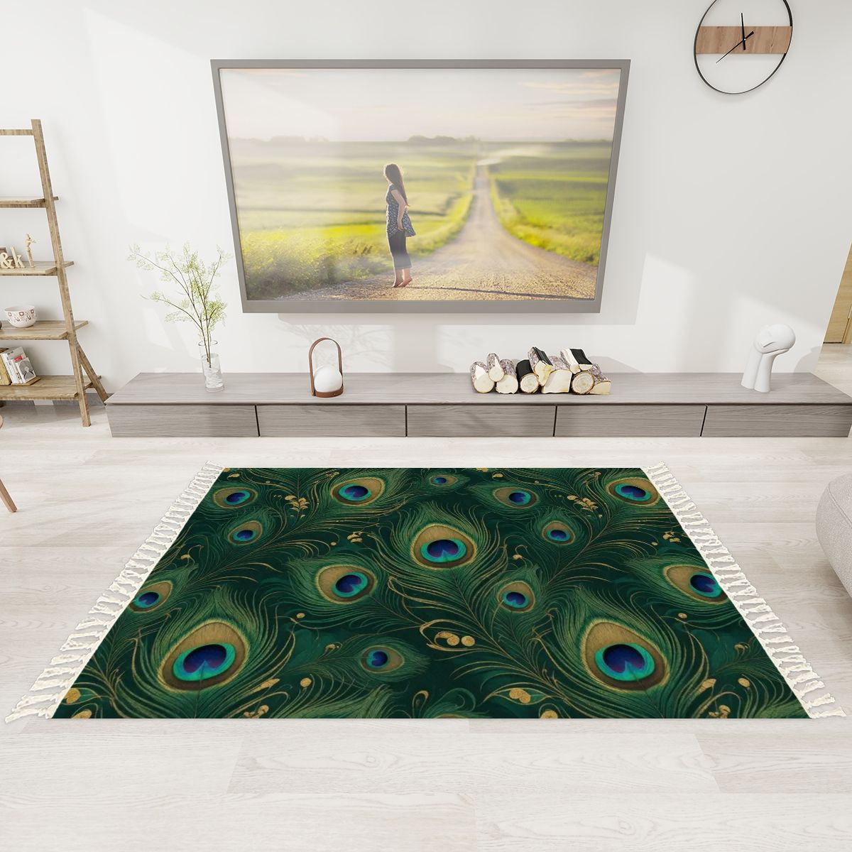 Paw Teal Gold — Rug with tassels
