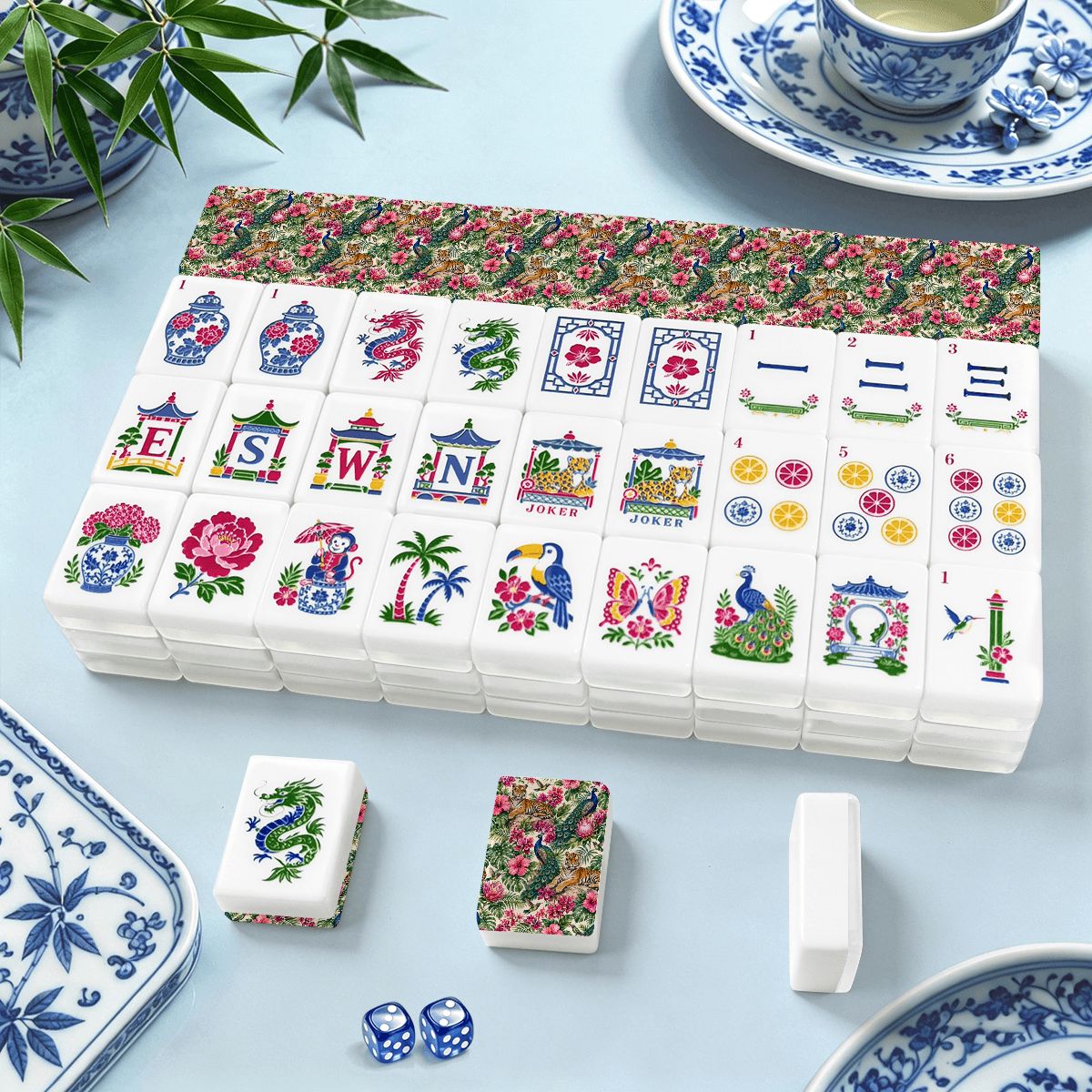 Tropical Mahjong Tiles, Tiger Peacock Floral Tile Set, Exotic Jungle American Mahjong Gift for Game Night Players and Tile Lovers, 160 pcs