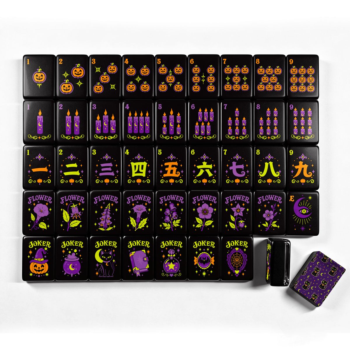Black Cat Halloween Mahjong Tiles, Cute Witch Cat Mahjong Set, Spooky Moon Game Tiles, Pumpkin Hex Halloween Mahjong Tiles