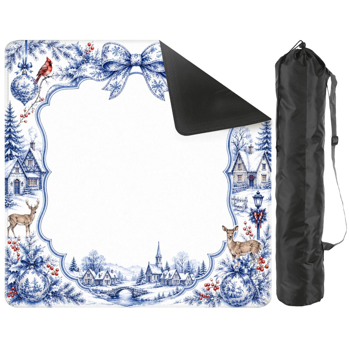 Blue Christmas Mahjong Mat with Carrying Bag, Winter Wonderland Mahjong Mat, Holiday Mahjong Gift,Christmas Mat 31.5"x31.5" (Ship Rolled up)