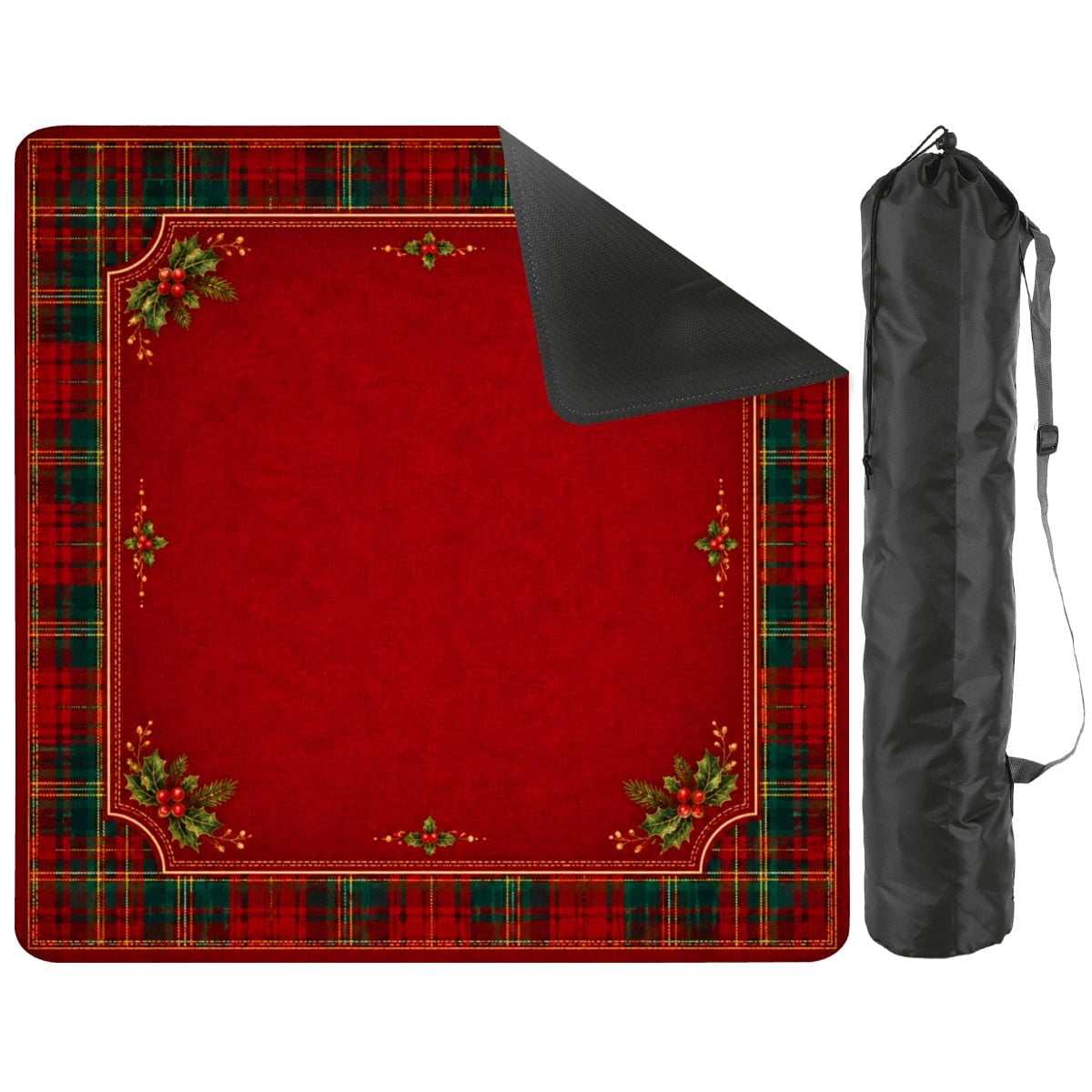 Christmas Mahjong Mat Red Plaid Holly Design with Carry Bag, Holiday Mahjong Mat, Festive Game Night Gift 31.5"x31.5" (Ship Rolled up)
