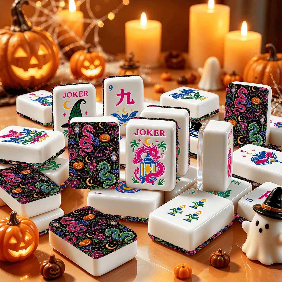 Dragon’s Coven Halloween Mahjong Tiles, Spooky Dragon Mahjong Set, Witchy Halloween Game Tiles, Gothic Mahjong Gift for Game Night