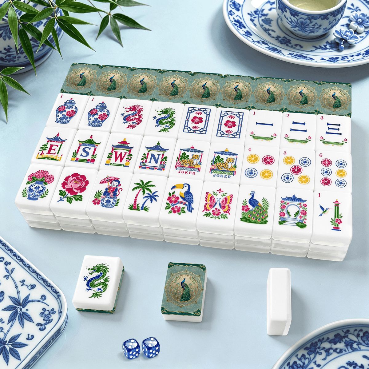 Peacock Mahjong Tile Set 160 Pieces, Luxury Mahjong Tiles, American Mahjong Game Set, Elegant Bird Design(Traditional Porcelain Style)