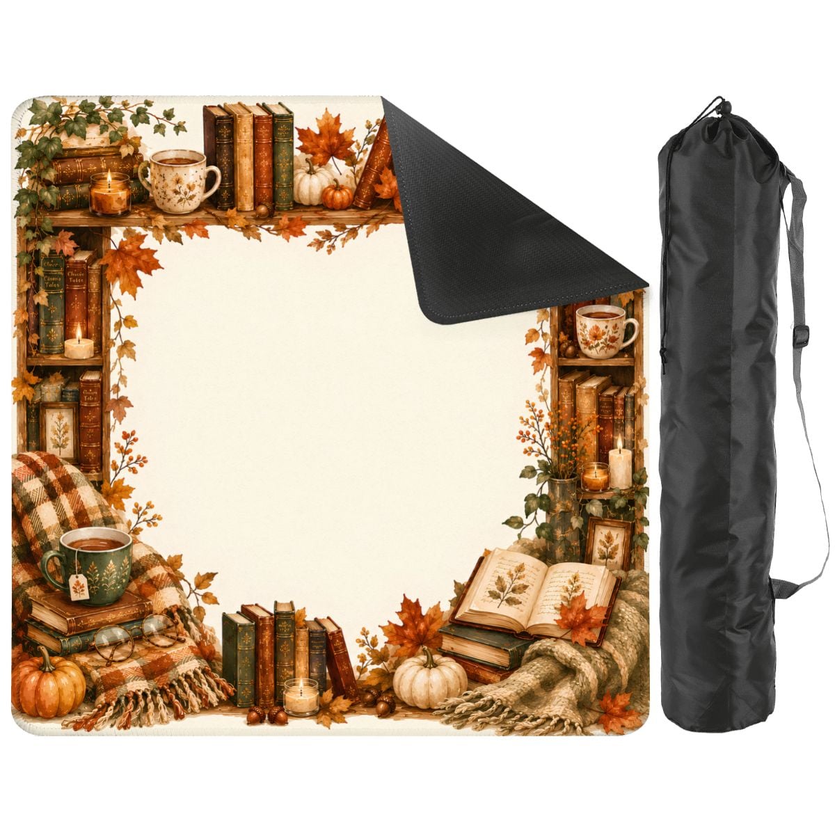 Cozy Fall Mahjong Mat, Autumn Bookshelf Table Mat, Pumpkin Leaves Mahjong Gift With Carry Bag players and Clubs 31.5"x31.5" (Ship Rolled up)