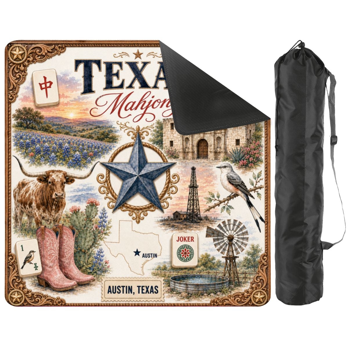Texas Mahjong Mat with Carrying Bag, Non Slip Mahjong Mat, Western State Game Mat, Gift for Mahjong Players 31.5"x31.5" (Ship Rolled up)