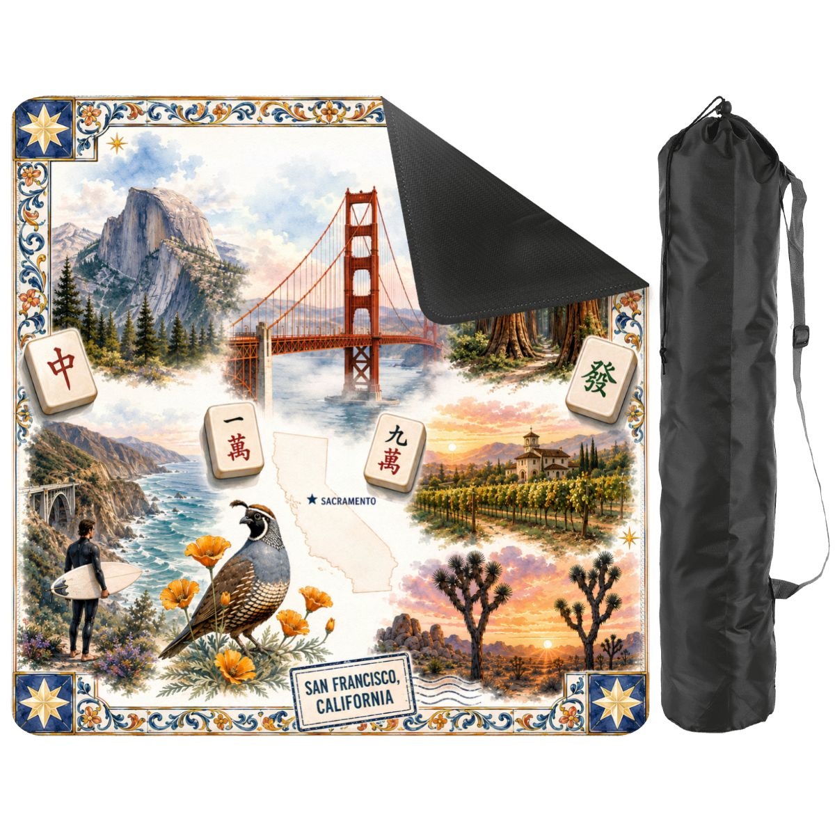 California Mahjong Mat with Carrying Bag, Non Slip Mahjong Mat, GameGift for Mahjong Players 31.5"x31.5" (Ship Rolled up)