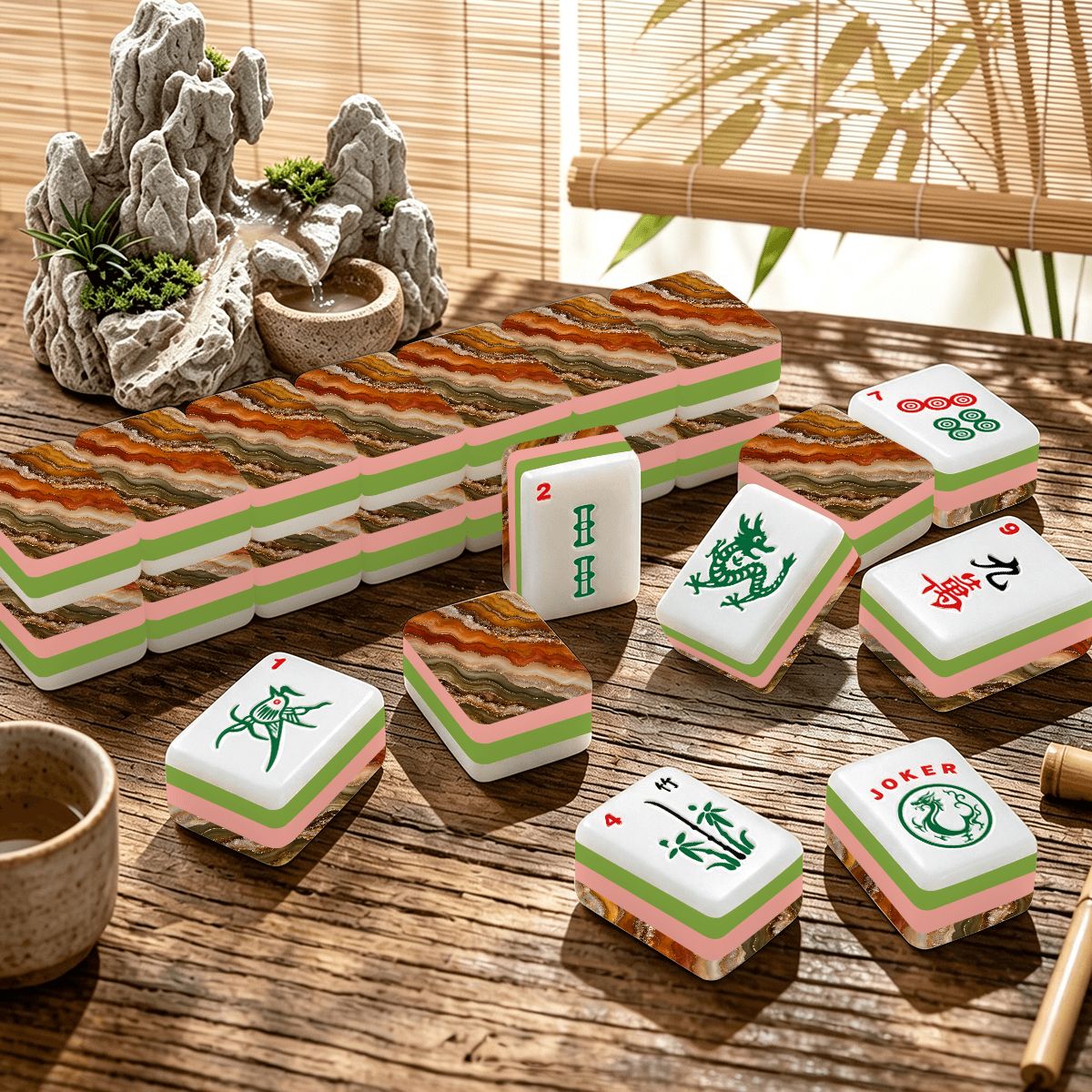 4 Layer American Mahjong Tiles Set, Agate Stone Style Mahjong Tiles, Pink Green Layered Game Set, Unique Mahjong Gift for Women Game Night