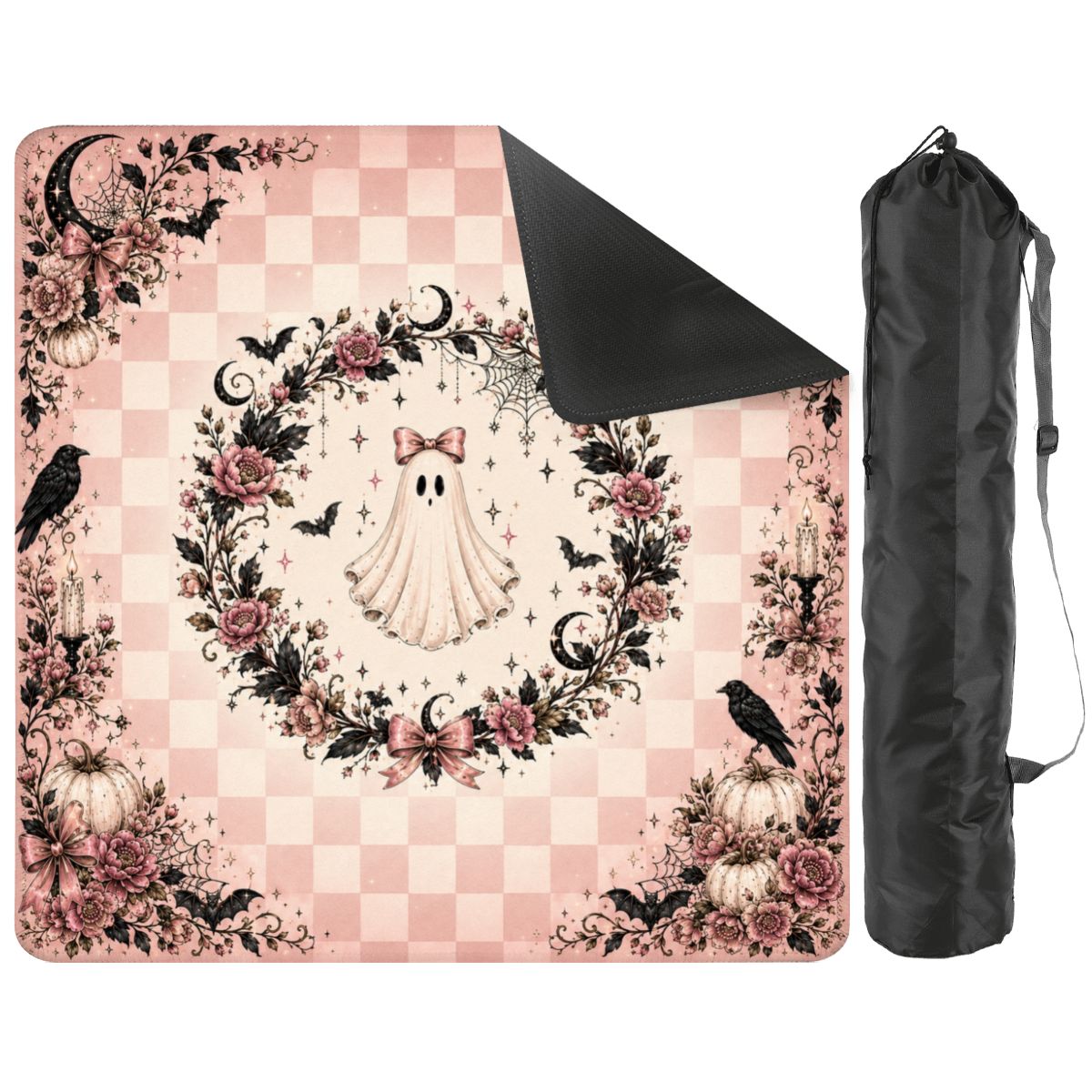 Pink Halloween Mahjong Mat with Carrying Bag, Ghost Floral Mahjong Mat, Spooky Mahjong Mat, coquette Mahjong 31.5"x31.5" (Ship Rolled up)